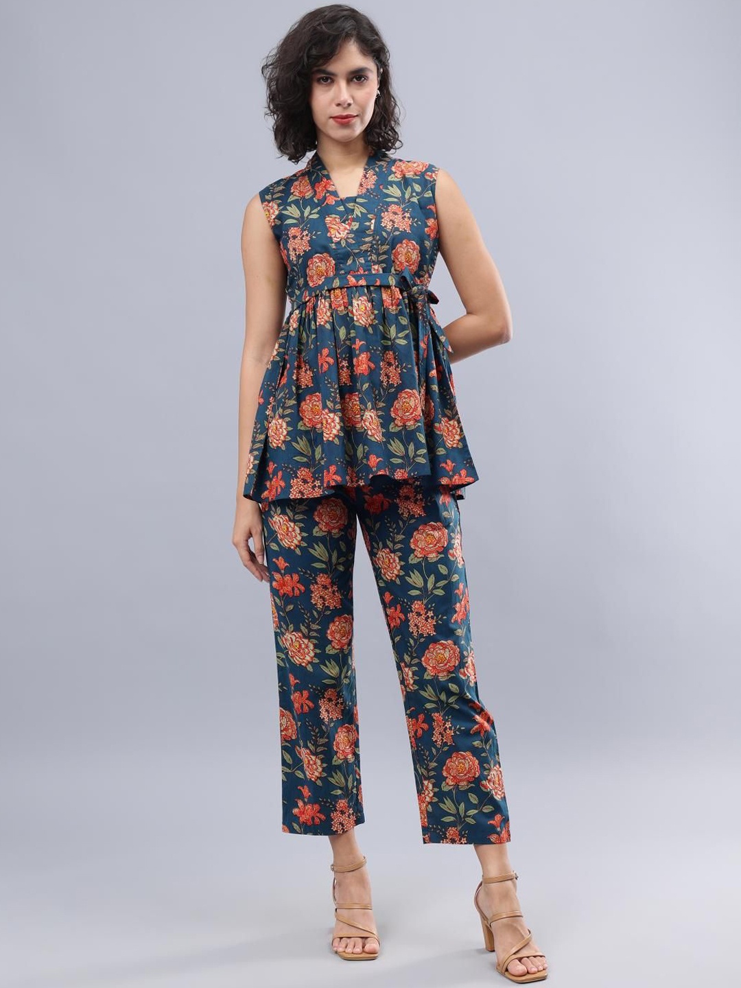 

CORDSET Floral Printed Pure Cotton Tunic & Trousers, Blue