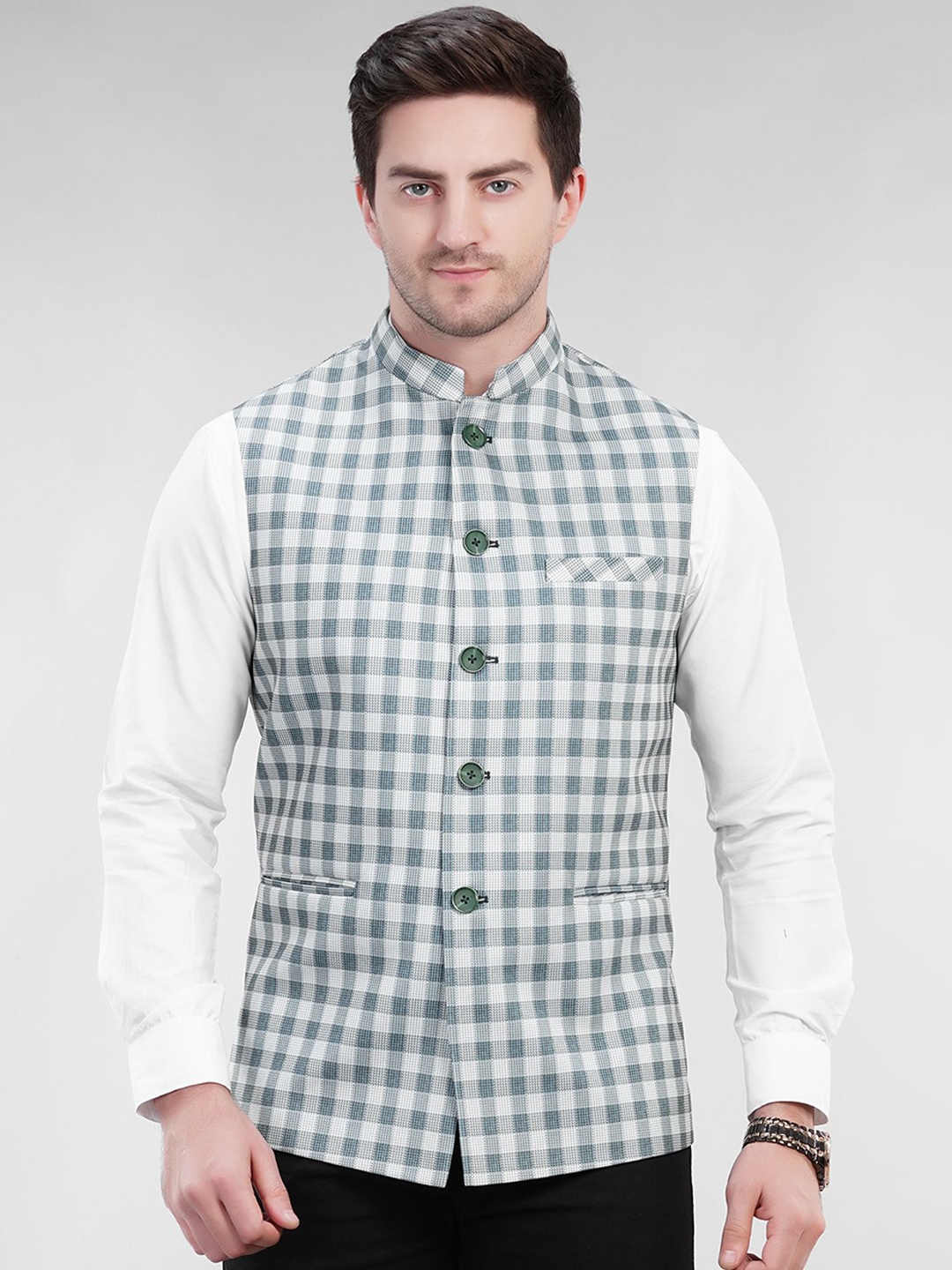 

LA'SCOOT Checked Printed Mandarin Collar Nehru Jacket, Sea green