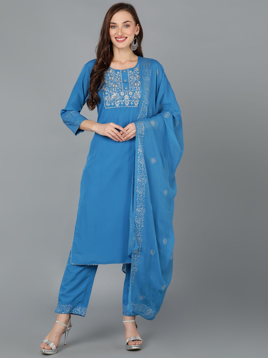 

KALINI Floral Embroidered Sequinned Kurta with Trousers & Dupatta, Blue