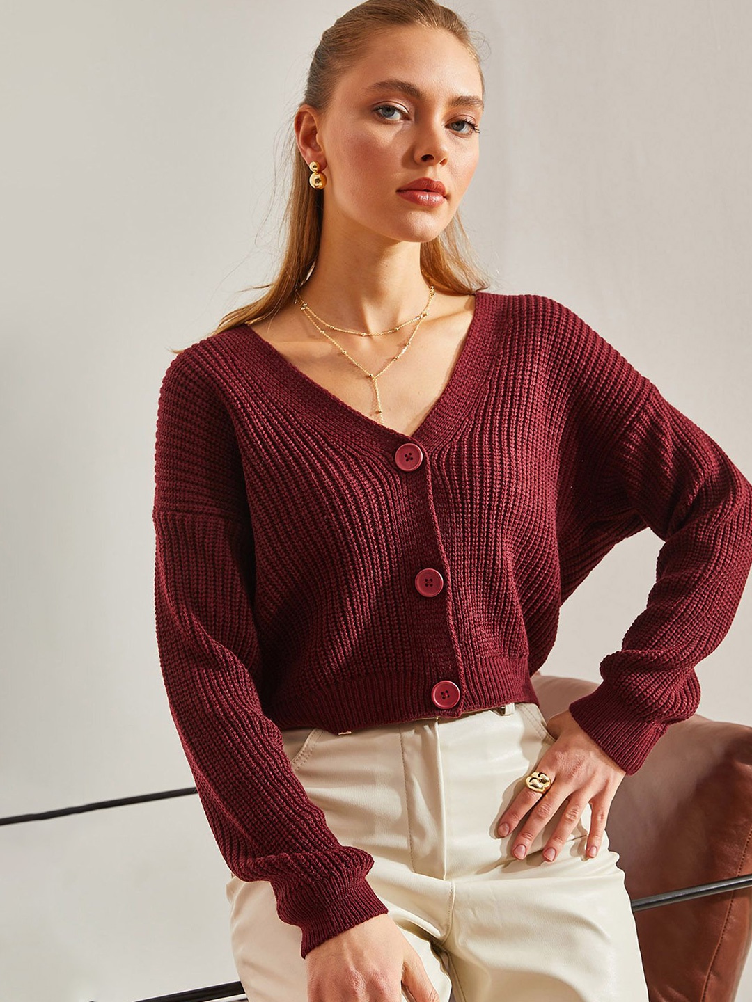 

BIANCO LUCCI Women Ribbed Cardigan, Burgundy