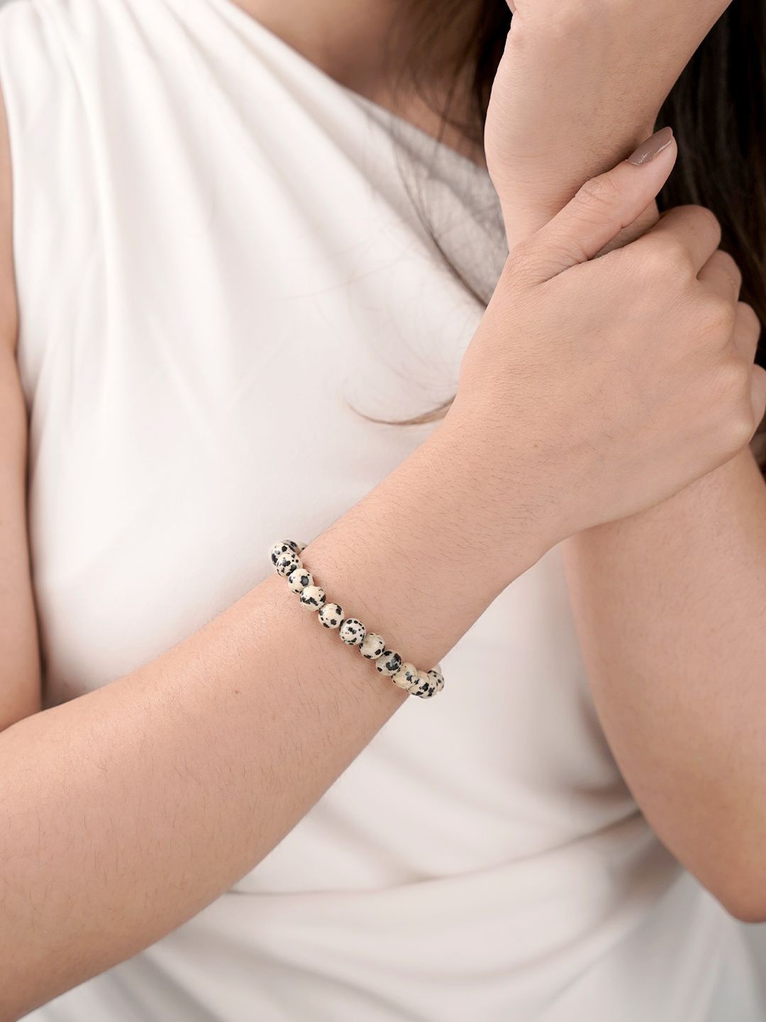 

SWASHAA Dalmatian Jasper Agate Elasticated Bracelet, Beige