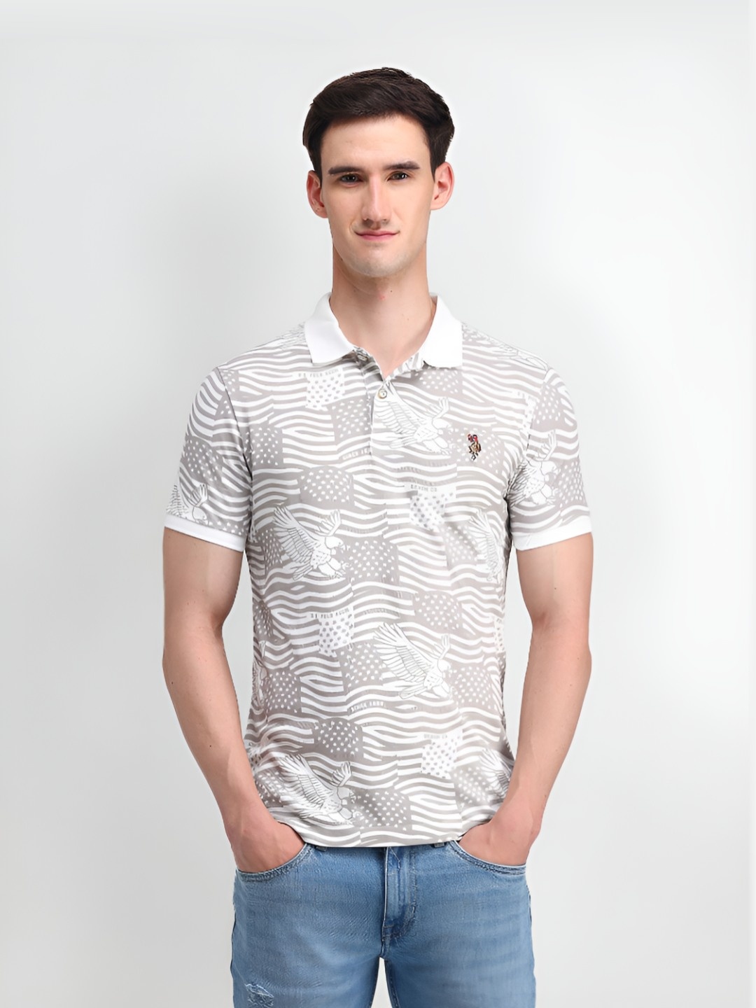 

U.S. Polo Assn. Denim Co. Men Abstract Printed Polo Collar Cotton Slim Fit T-Shirt, White