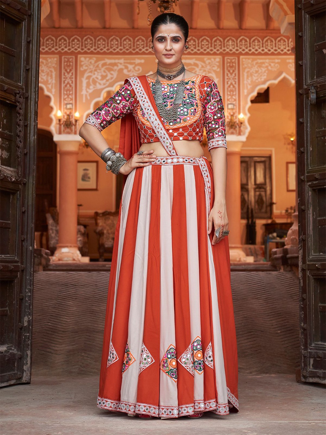 

ODETTE Embroidered Mirror Work Semi-Stitched Lehenga & Ready to Wear Blouse With Dupatta, Orange