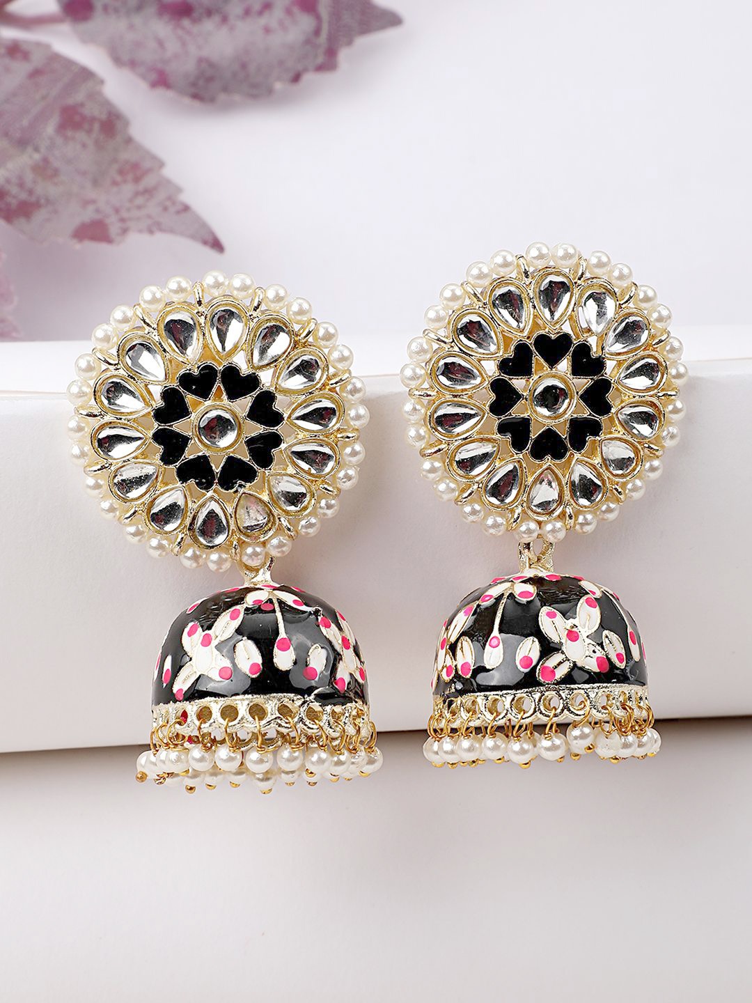 

MODE MANIA Contemporary Gold-Plated Dome Shaped Jhumkas, Black