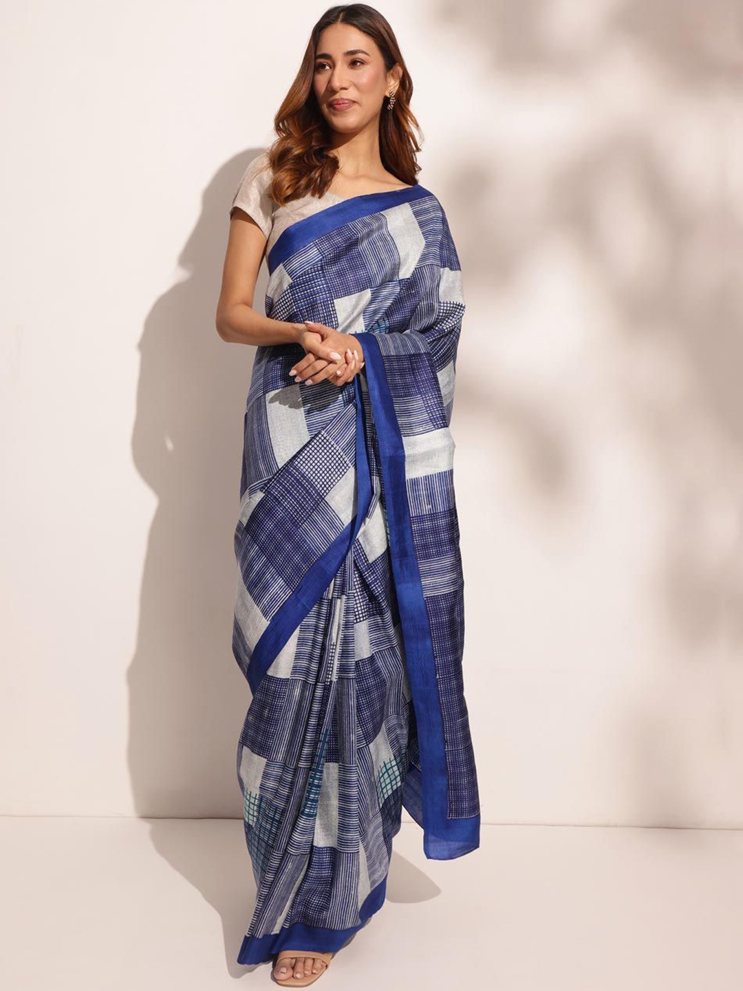 

Fabindia Pure Silk Block Print Saree, Navy blue