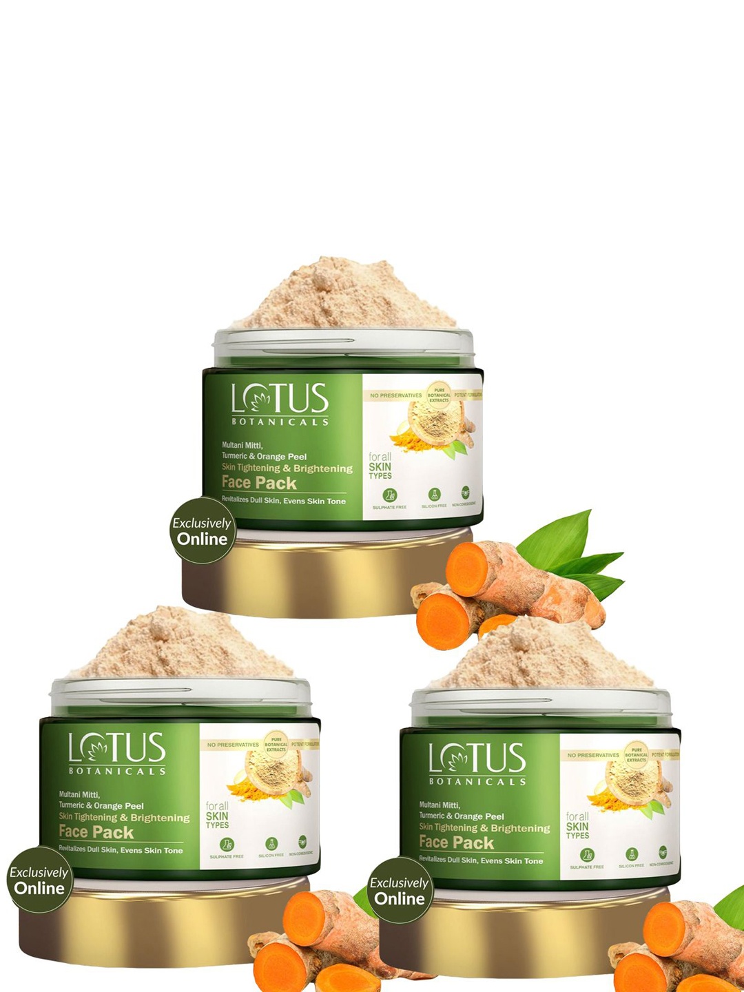 

Lotus Botanicals Set Of 3 Multani Mitti, Turmeric & Orange Peel Powder - 120g Each, Green