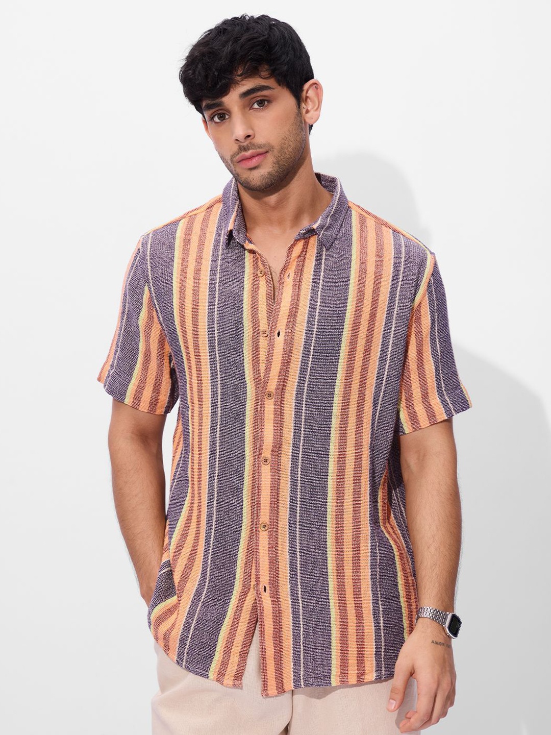 

The Souled Store Men Spread Collar Striped Cotton Casual Shirt, Purple