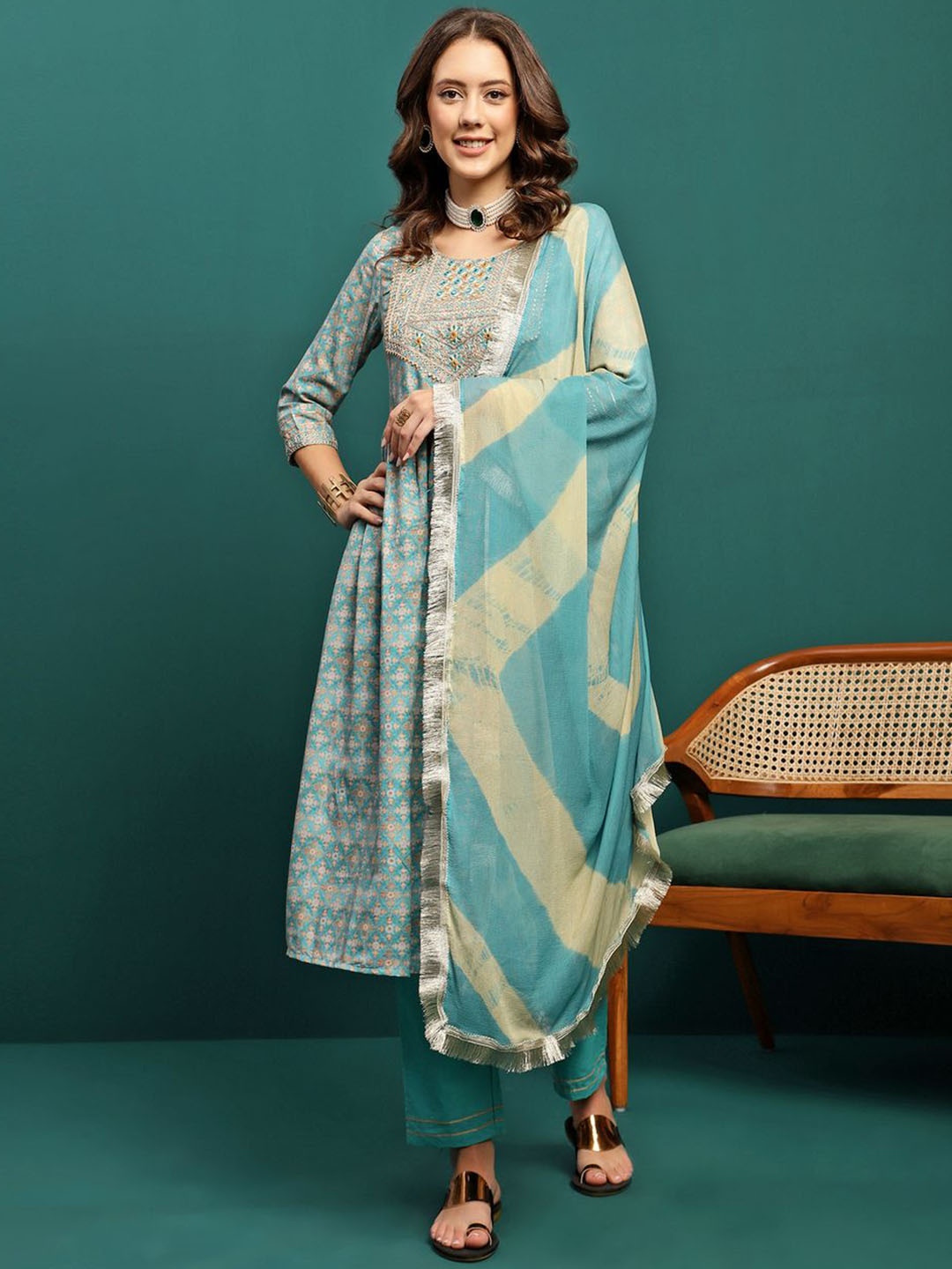 

BANDIA Floral Printed Round Neck Mirror Work A-Line Kurta with Trousers & Dupatta, Turquoise blue