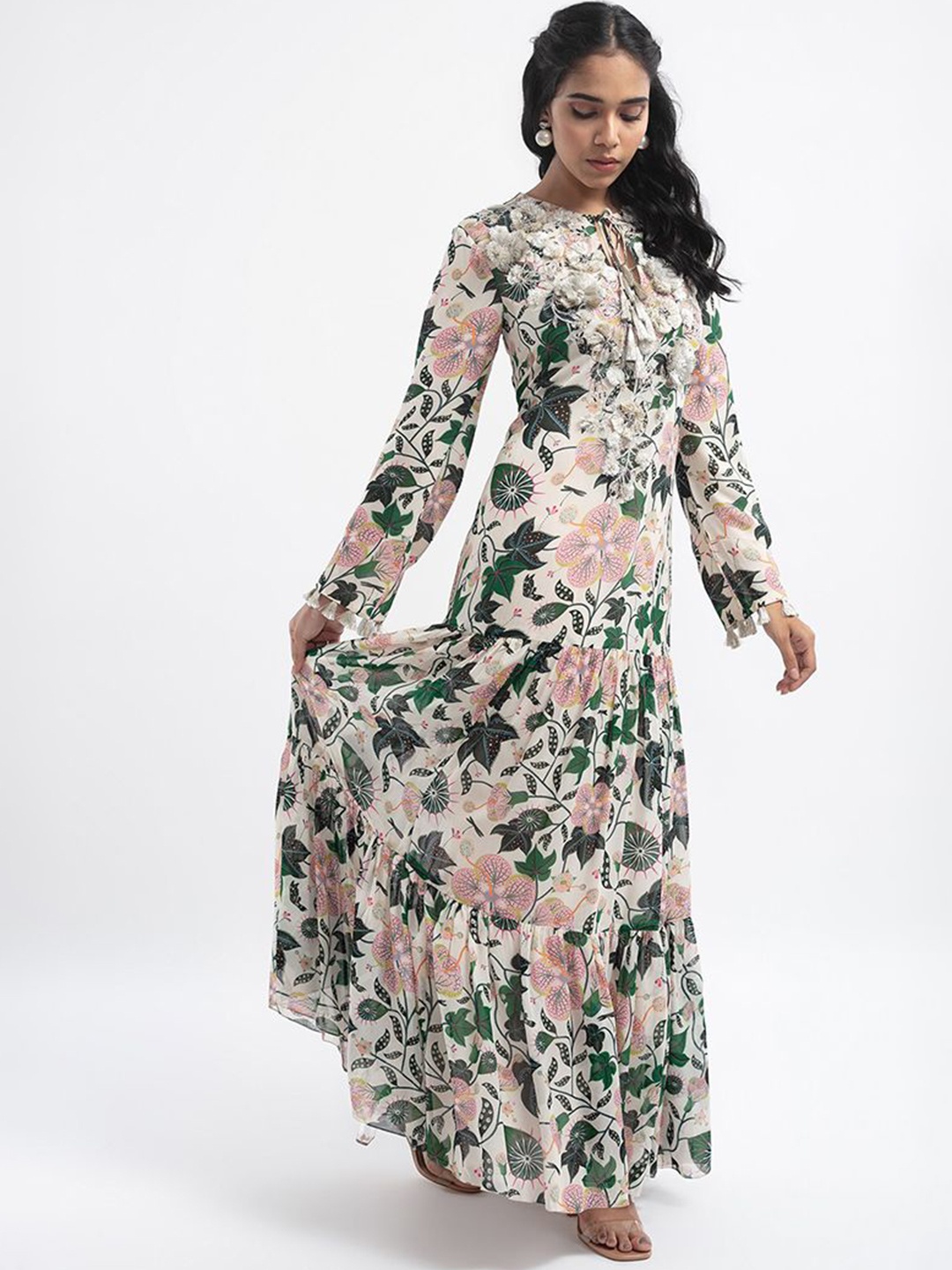 

PS PRET BY PAYAL SINGHAL Tassel Detail Georgette Floral Maxi Dress, White