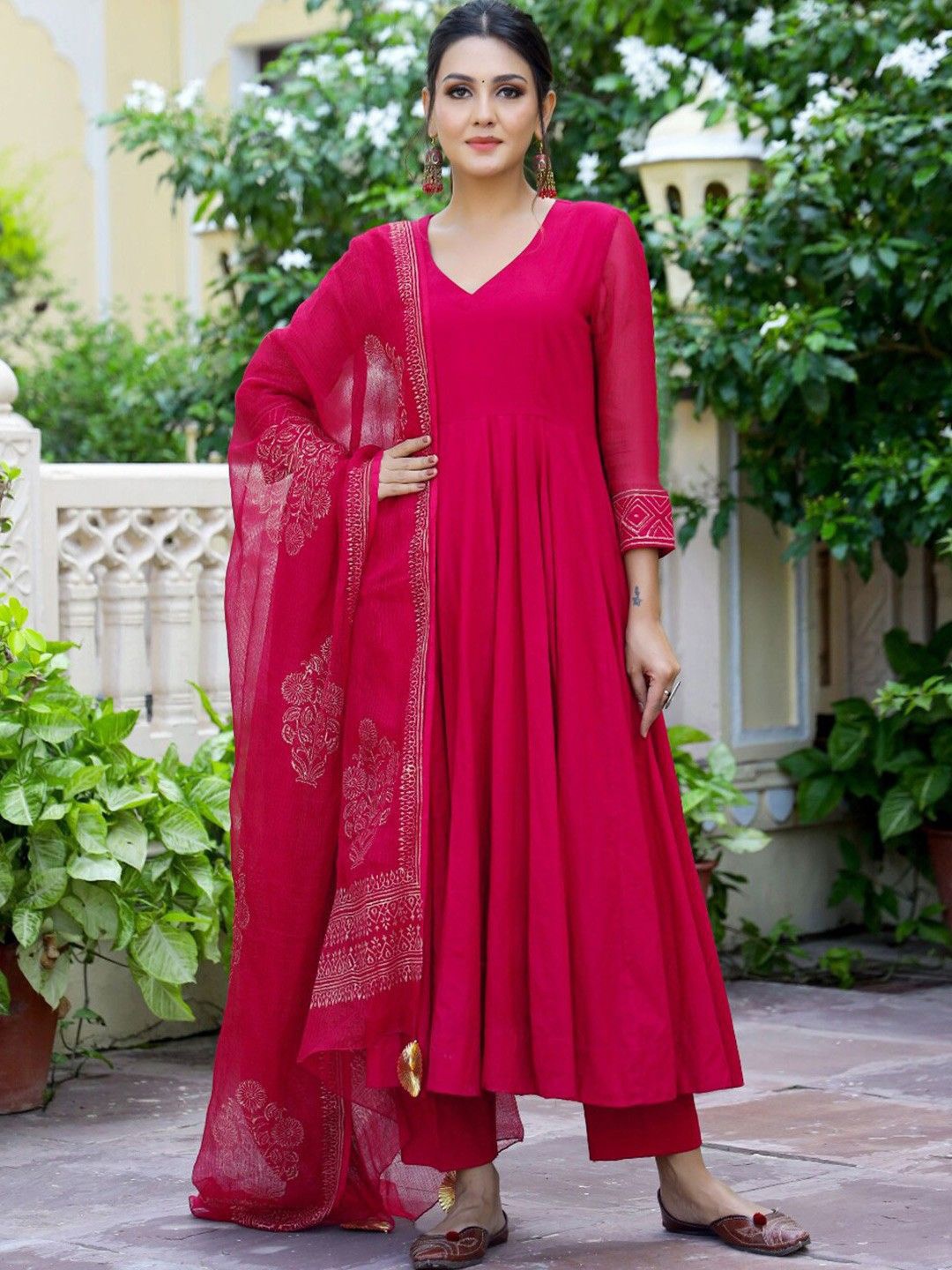 

GoSriKi V-Neck Anarkali Kurta with Trousers & Dupatta, Pink