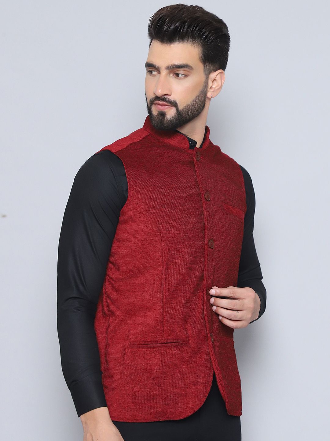 

even Woven Design Nehru Jacket, Maroon