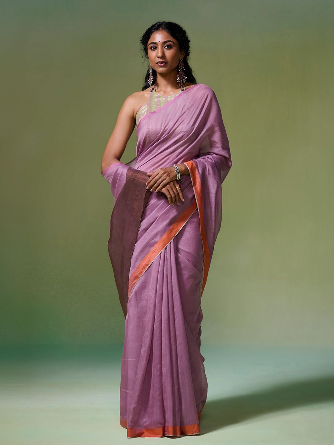 

Dressfolk Solid Chanderi Saree with Blouse Piece, Purple