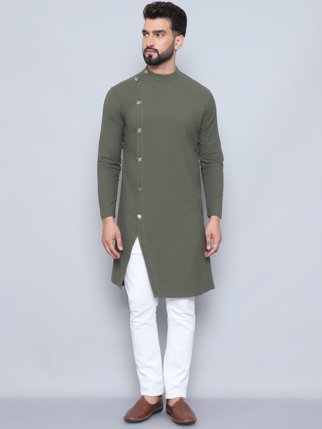 

even Striped Woven Design Pure Cotton Straight Kurta, Green