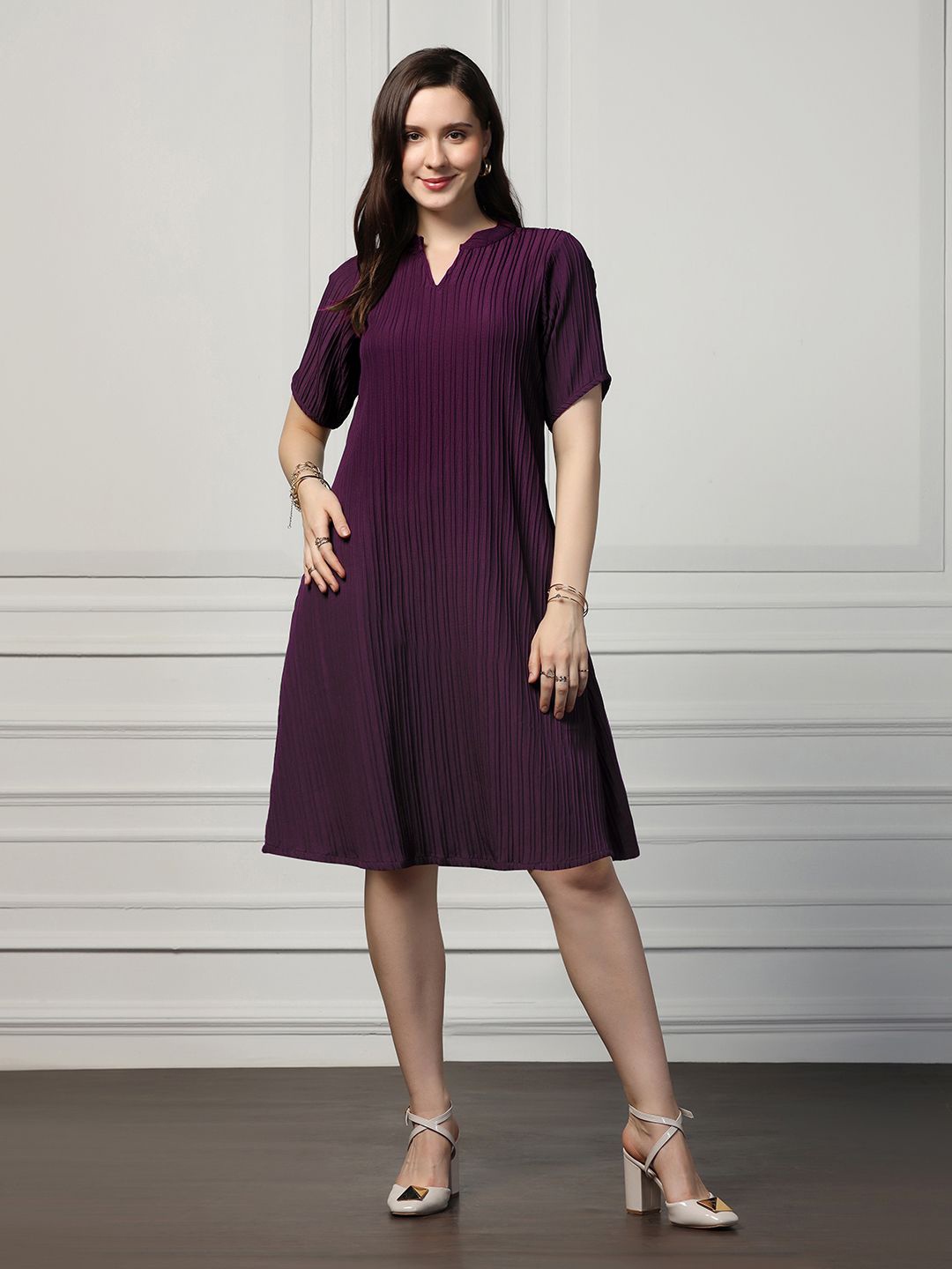 

OMPAX Mandarin Collar A-Line Dress, Purple
