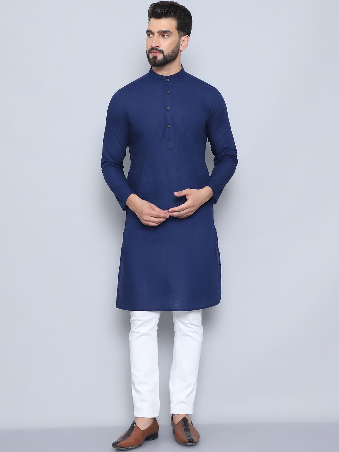 

even Striped Woven Design Mandarin Collar Pure Cotton Straight Kurta, Blue