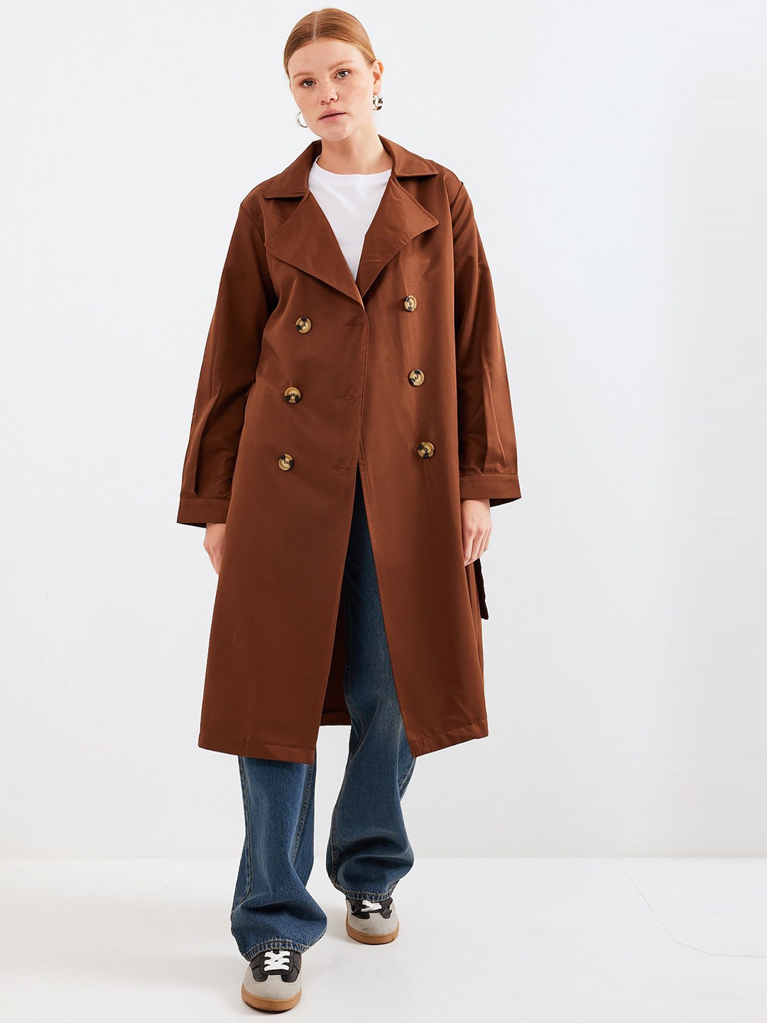 

BIGDART Women Notched Lapel Collar Double-Breasted Overcoat, Brown