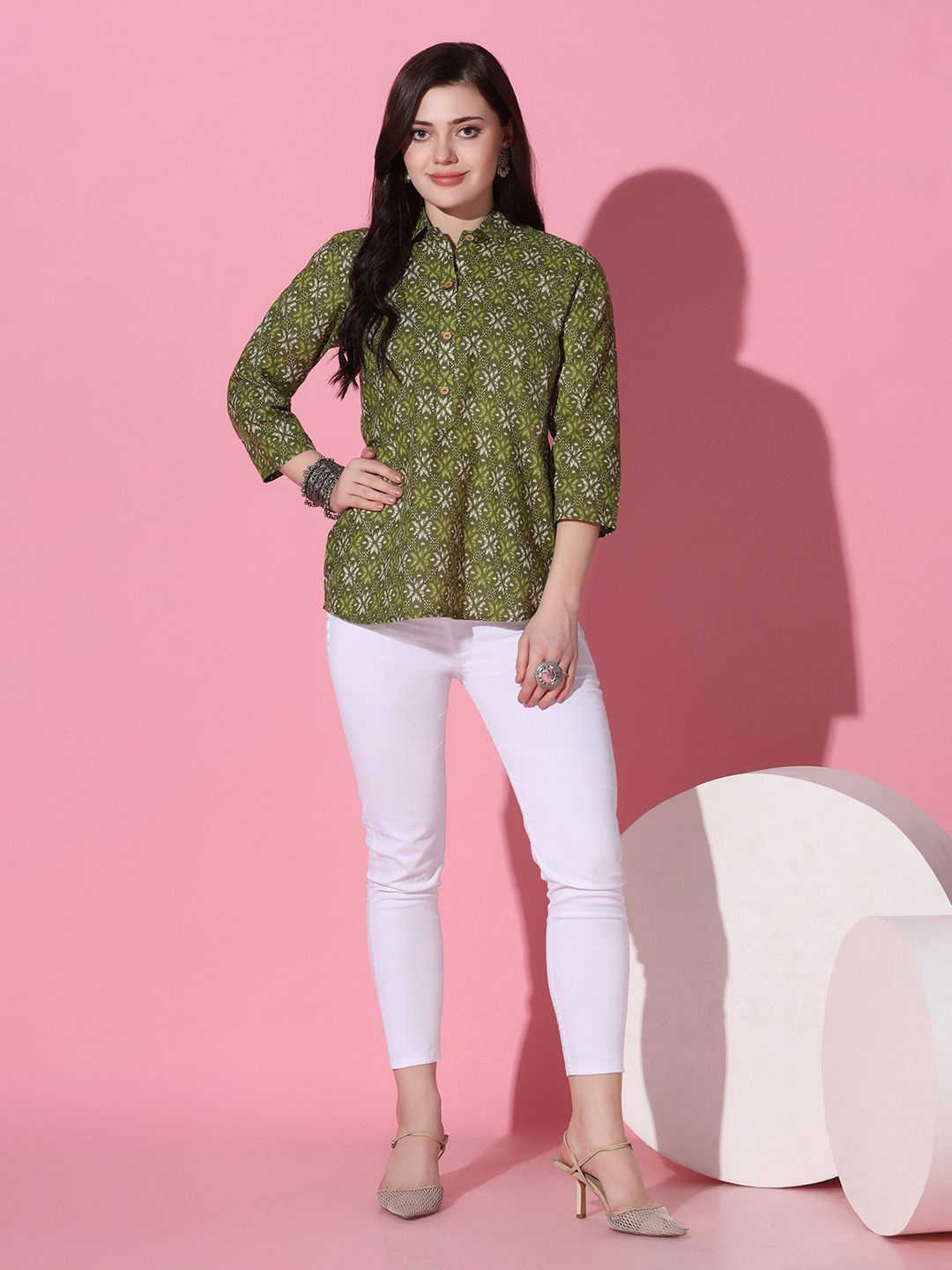 

BAESD Women Band Collar Floral Printed Cotton Shirt Style Top, Green