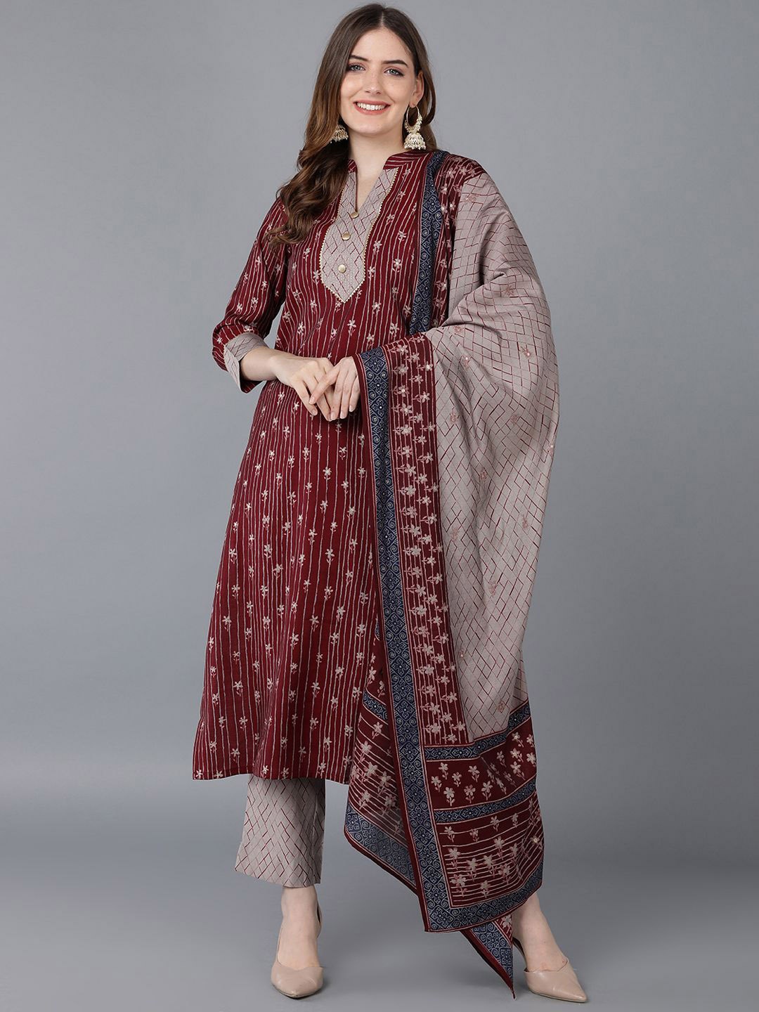 

KALINI Floral Printed Straight Kurta with Trousers & Dupatta, Burgundy