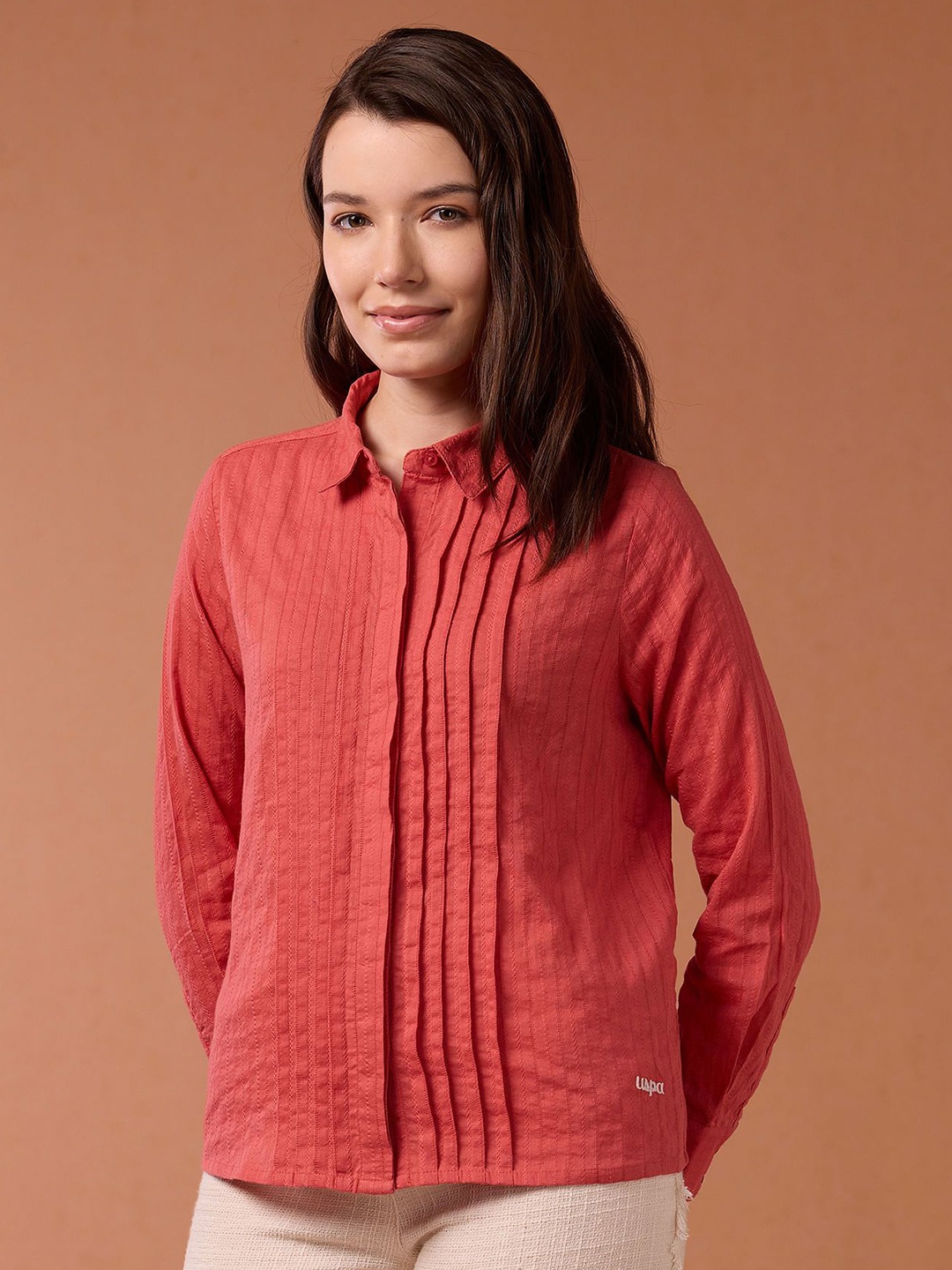 

U.S. Polo Assn. Women Spread Collar Textured Cotton Casual Shirt, Coral