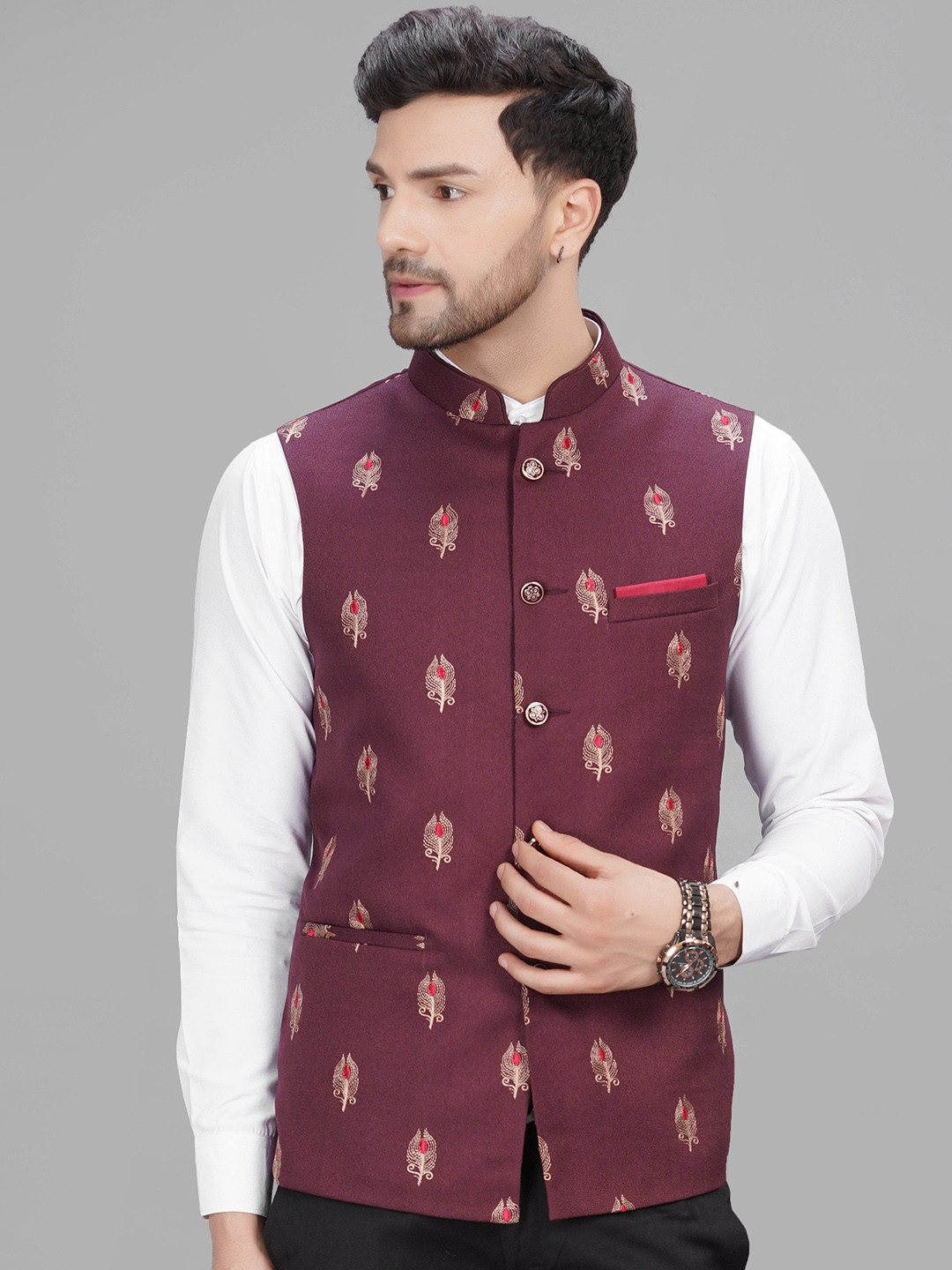 

LA'SCOOT Floral Printed Stand Collar Nehru Jacket, Maroon