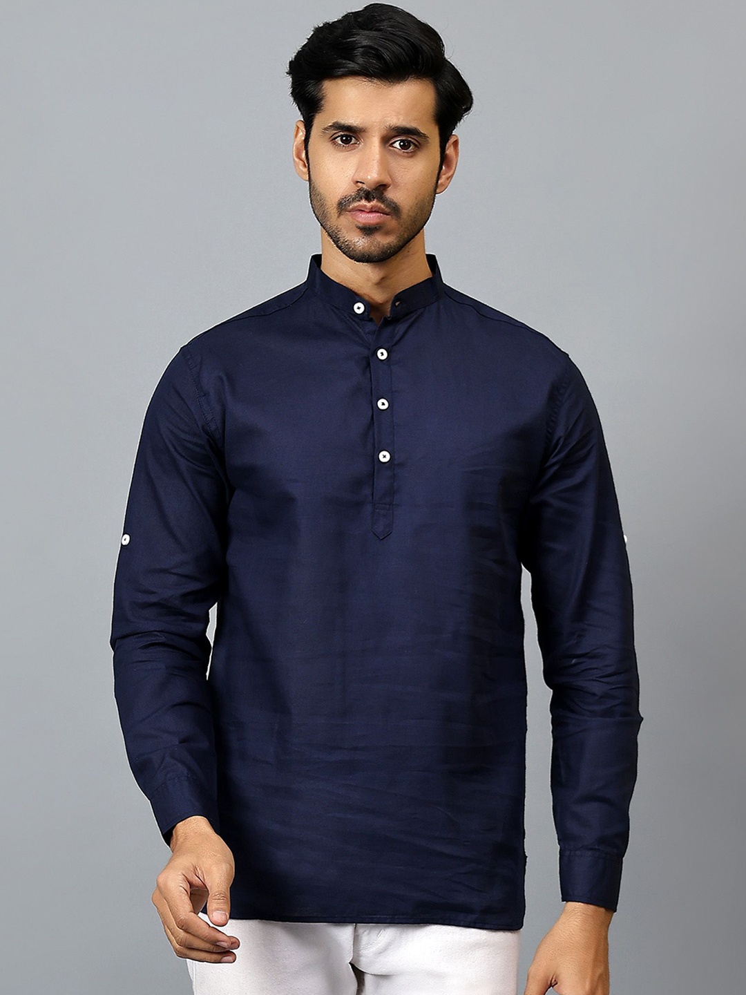 

Yugnik Mandarin Collar Roll-Up Sleeves Pure Cotton Short Kurta, Navy blue