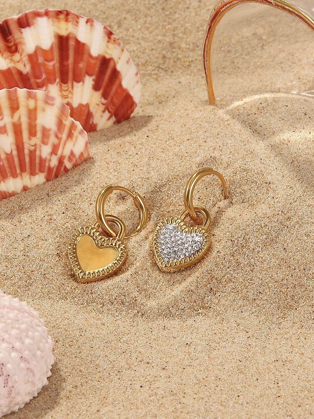 

Dorada Jewellery Stainless Steel Gold-Plated CZ Studded Heart Shaped Hoop Earrings