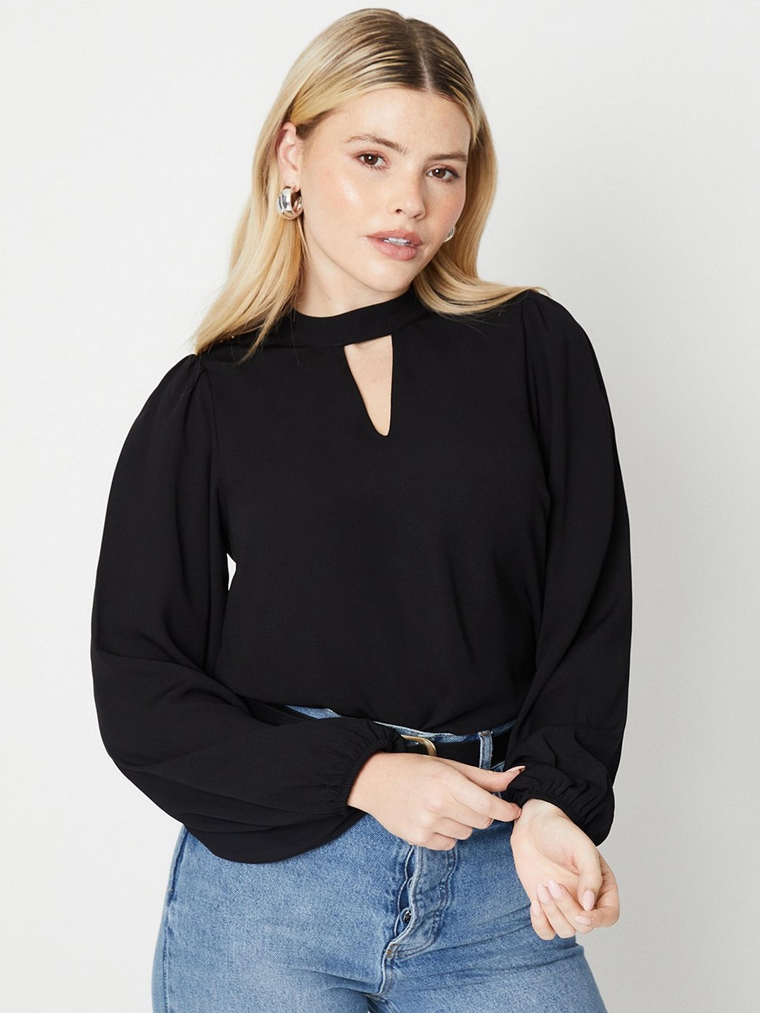 

DOROTHY PERKINS Keyhole Neck Puff Sleeves Top, Black