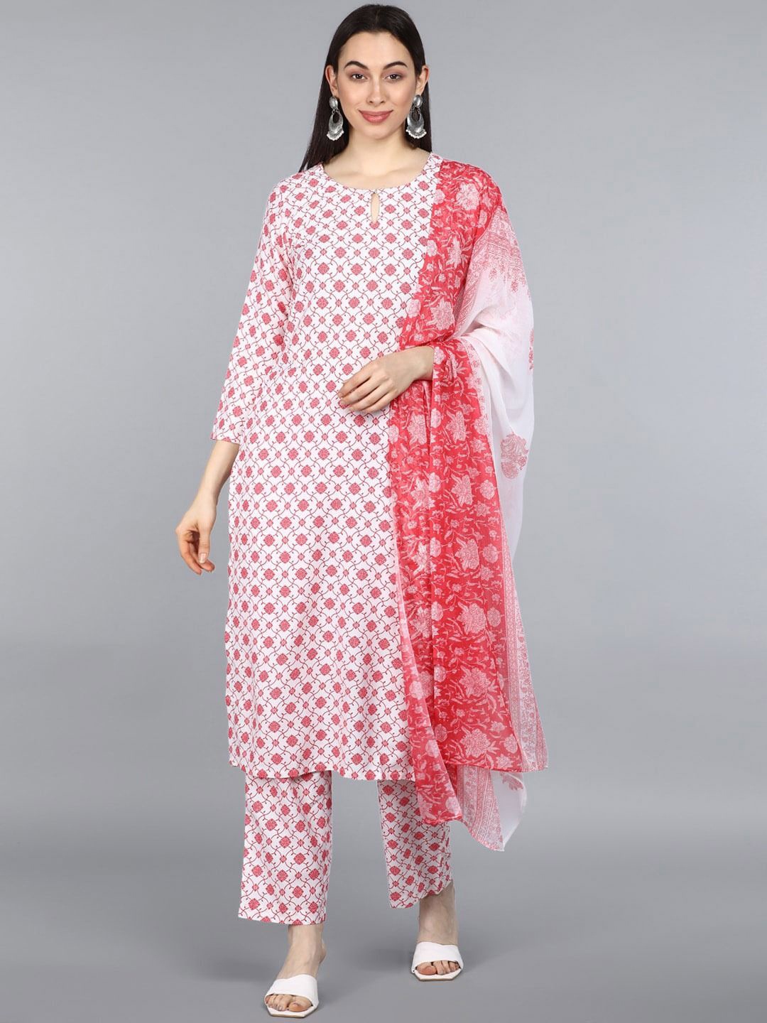 

KALINI Ethnic Motifs Printed Keyhole Neck Straight Kurta with Trousers & Dupatta, White