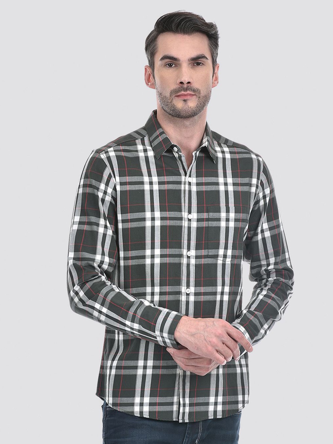 

Numero Uno Men Spread Collar Tartan Checked Cotton Slim Fit Casual Shirt, Green