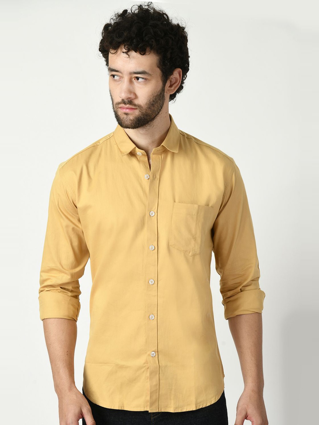 

PEBCO Men Classic Spread Collar Solid Cotton Slim Fit Casual Shirt, Beige