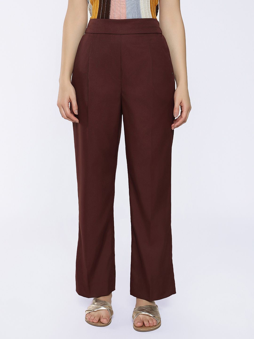 

RAREISM Women Tailored Straight Fit High-Rise Pleated Trousers, Brown