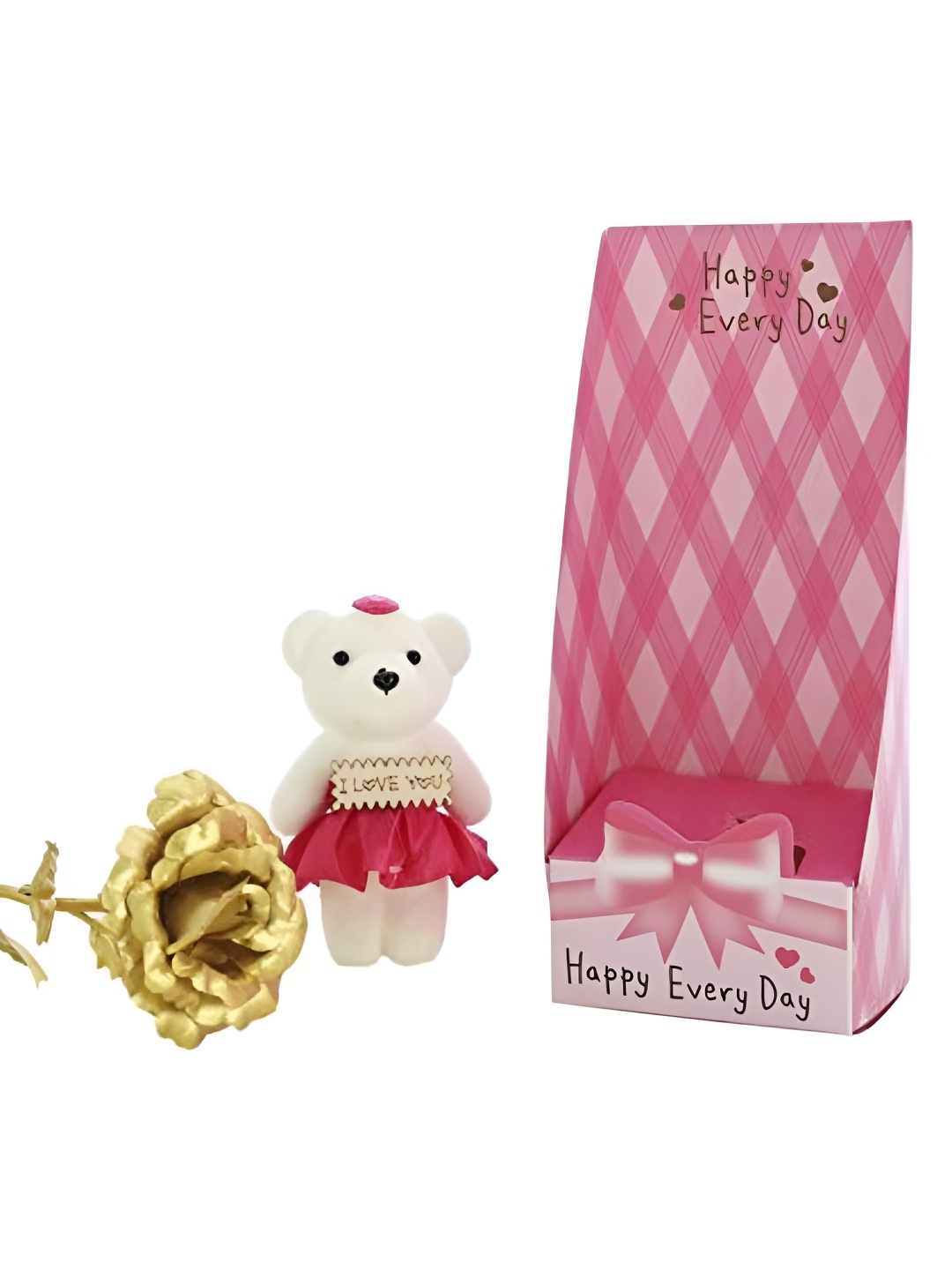 

INTERNATIONAL GIFT White & Pink 3 Pieces Rose With Teddy Bear & Carry Bag, Gold