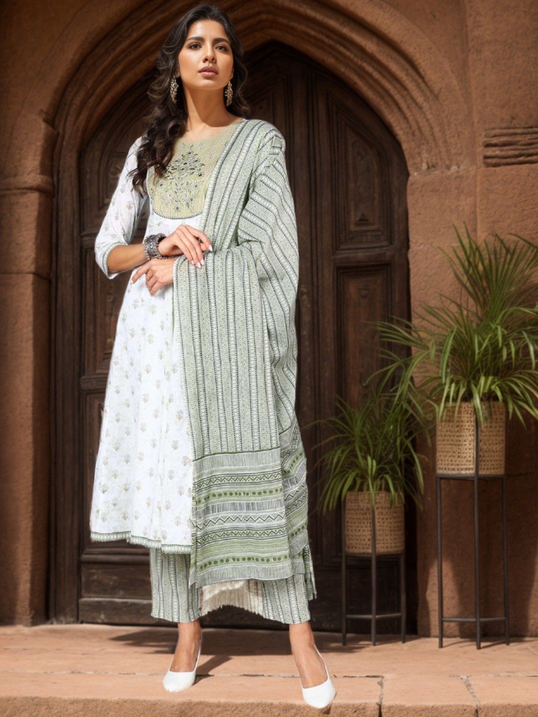 

KALINI Floral Embroidered Thread Work Pure Cotton Anarkali Kurta with Trousers & Dupatta, Green