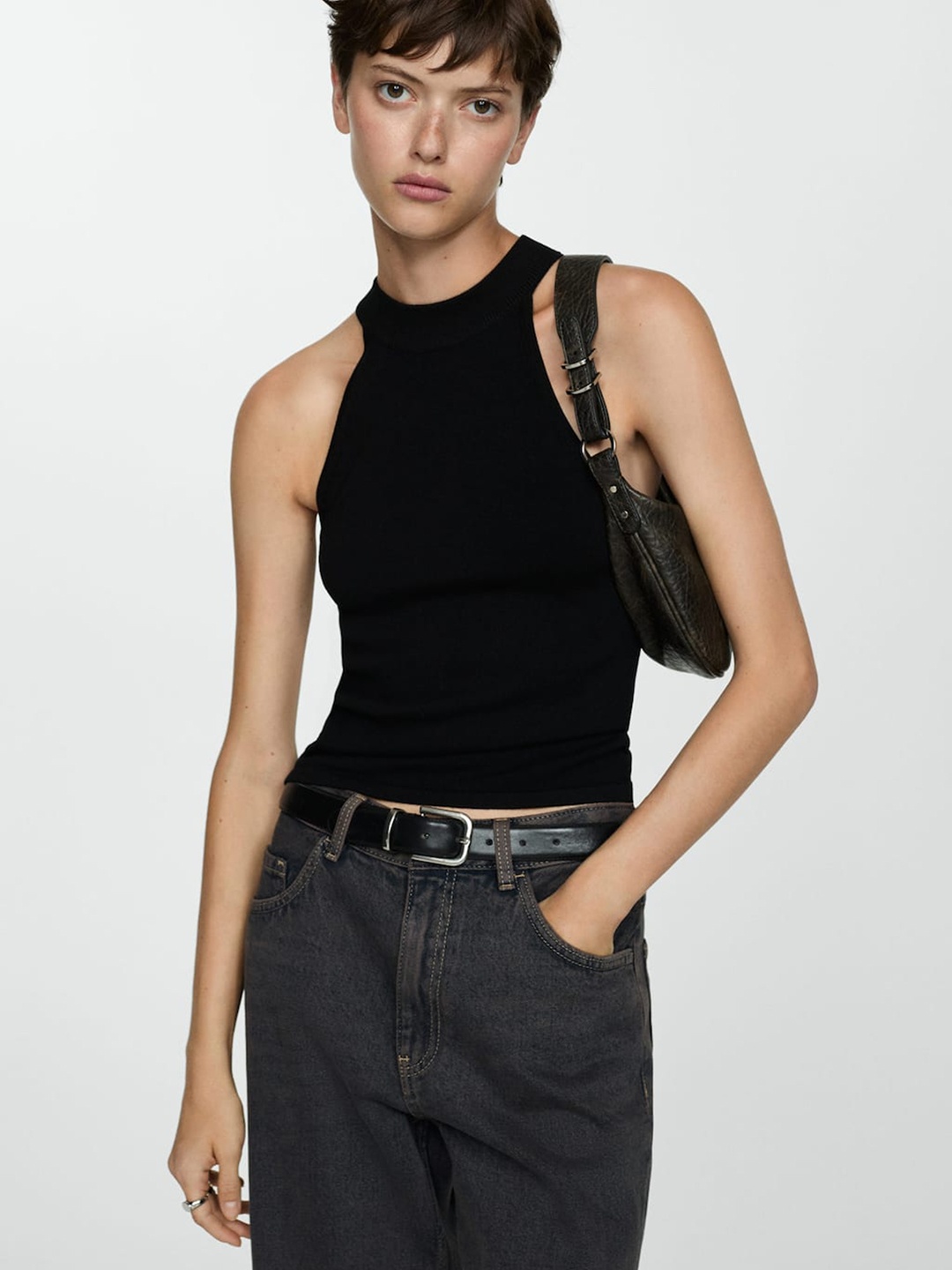 

MANGO Halter Neck Ribbed Top, Black