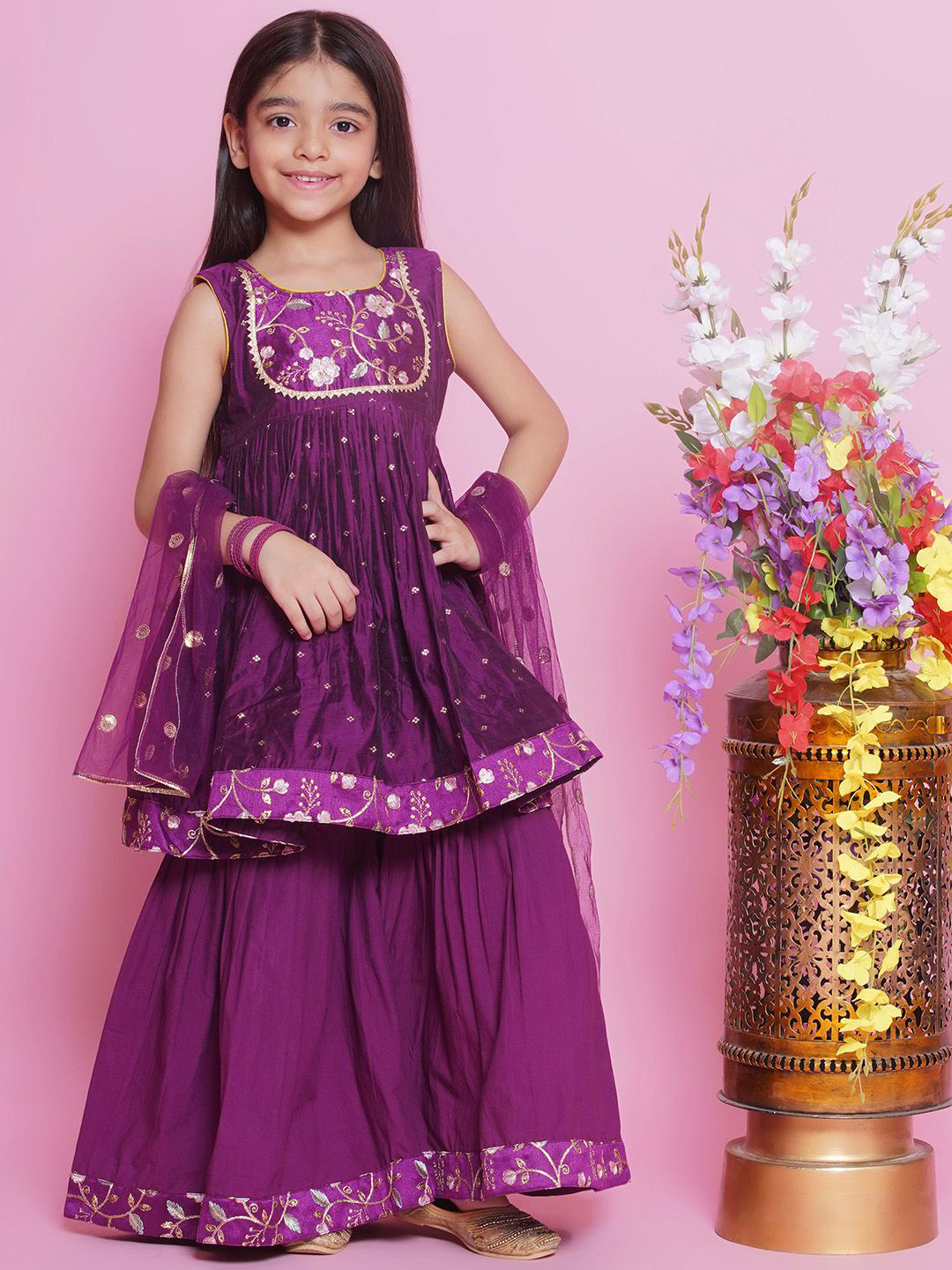 

Little Bansi Girls Floral Embroidered Pure Silk Anarkali Kurta With Sharara & Dupatta, Purple