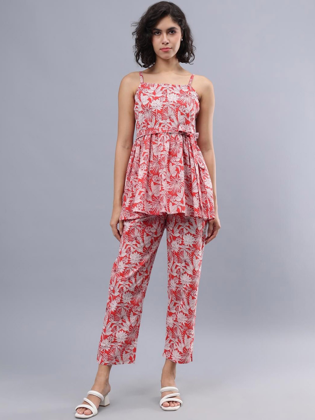 

CORDSET Floral Printed Pure Cotton Top & Trousers, Red