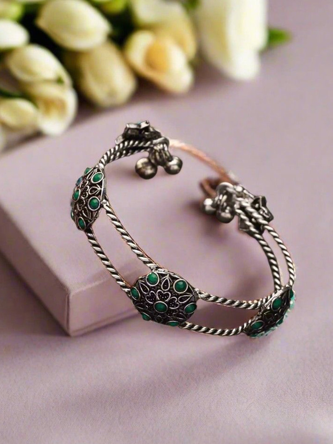 

Anouk Silver-Plated Stone Studded Oxidised Cuff Bracelet