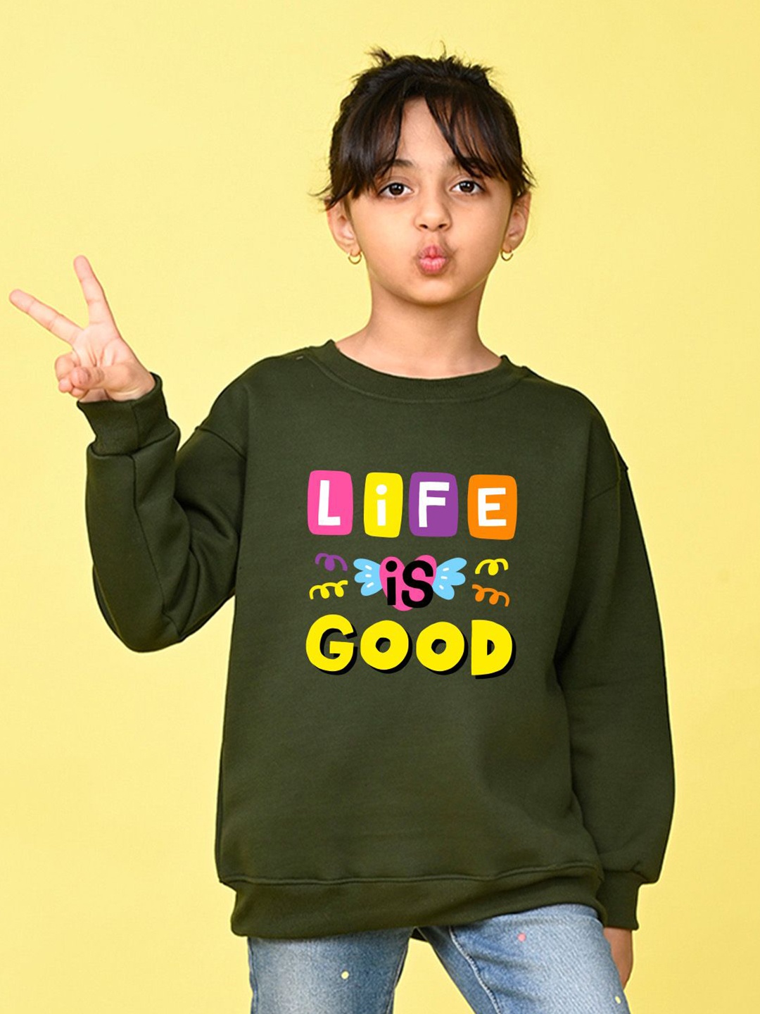 

NUSYL Girls Typography Printed Oversized Sweatshirt, Green