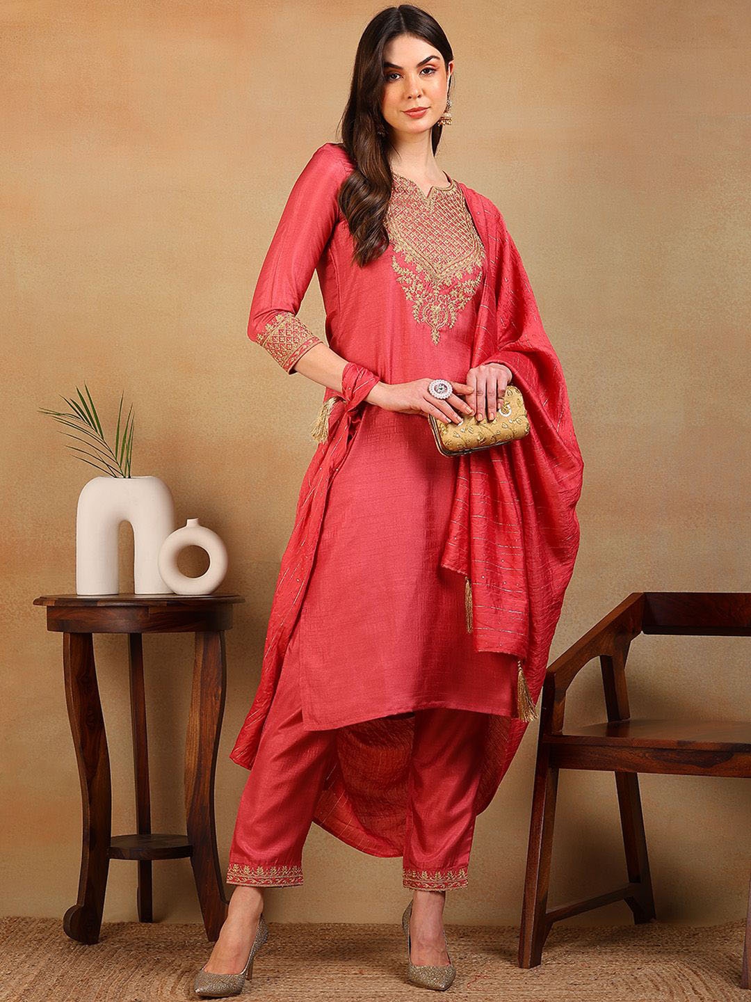 

KALINI Ethnic Motifs Yoke Design Kurta with Trousers & Dupatta, Rust