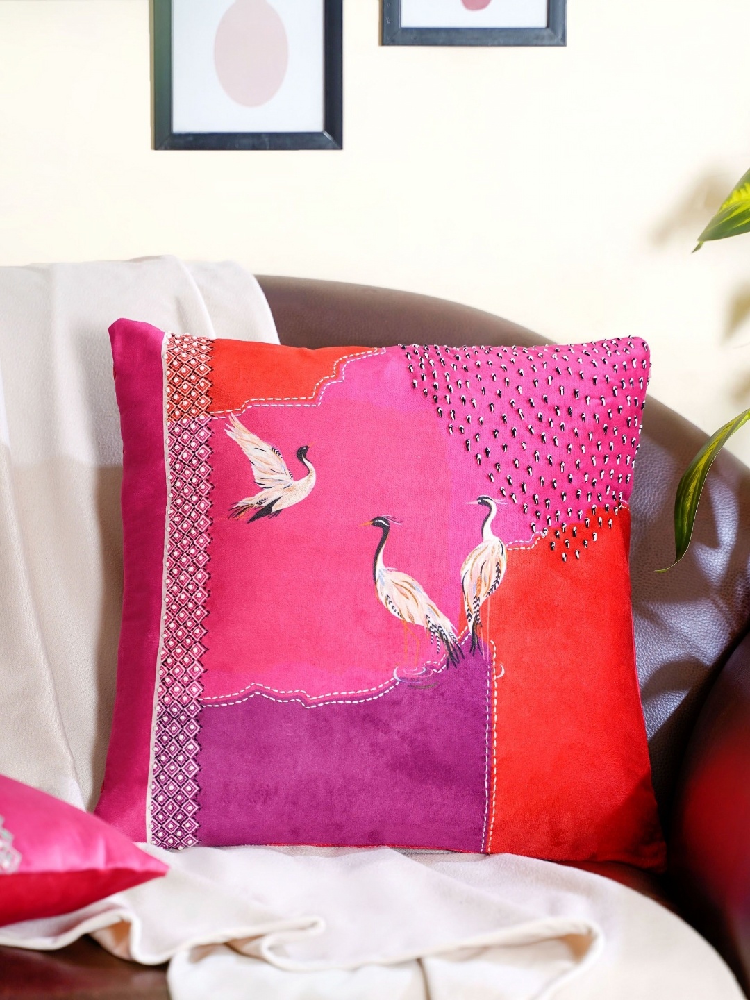 

Mid July Home Pure joy Pink Graceful Flamingos Embroidered Velvet Square Cushion Cover