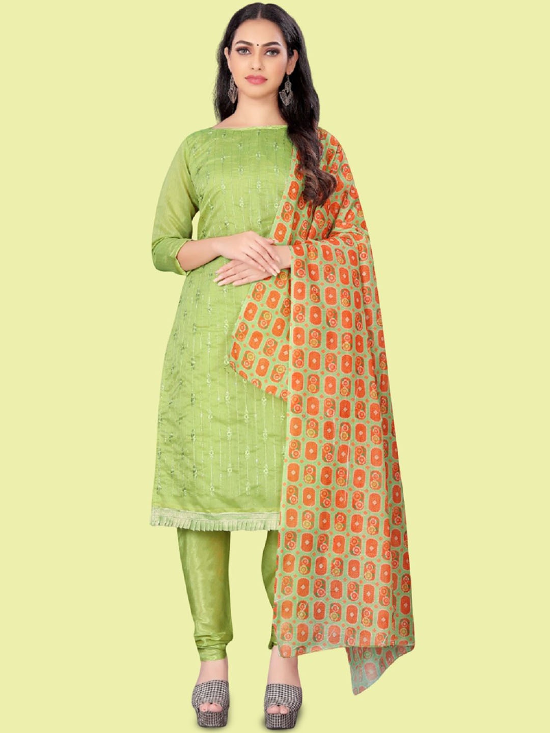 

APNISHA Thread Work Unstitched Dress Material, Lime green