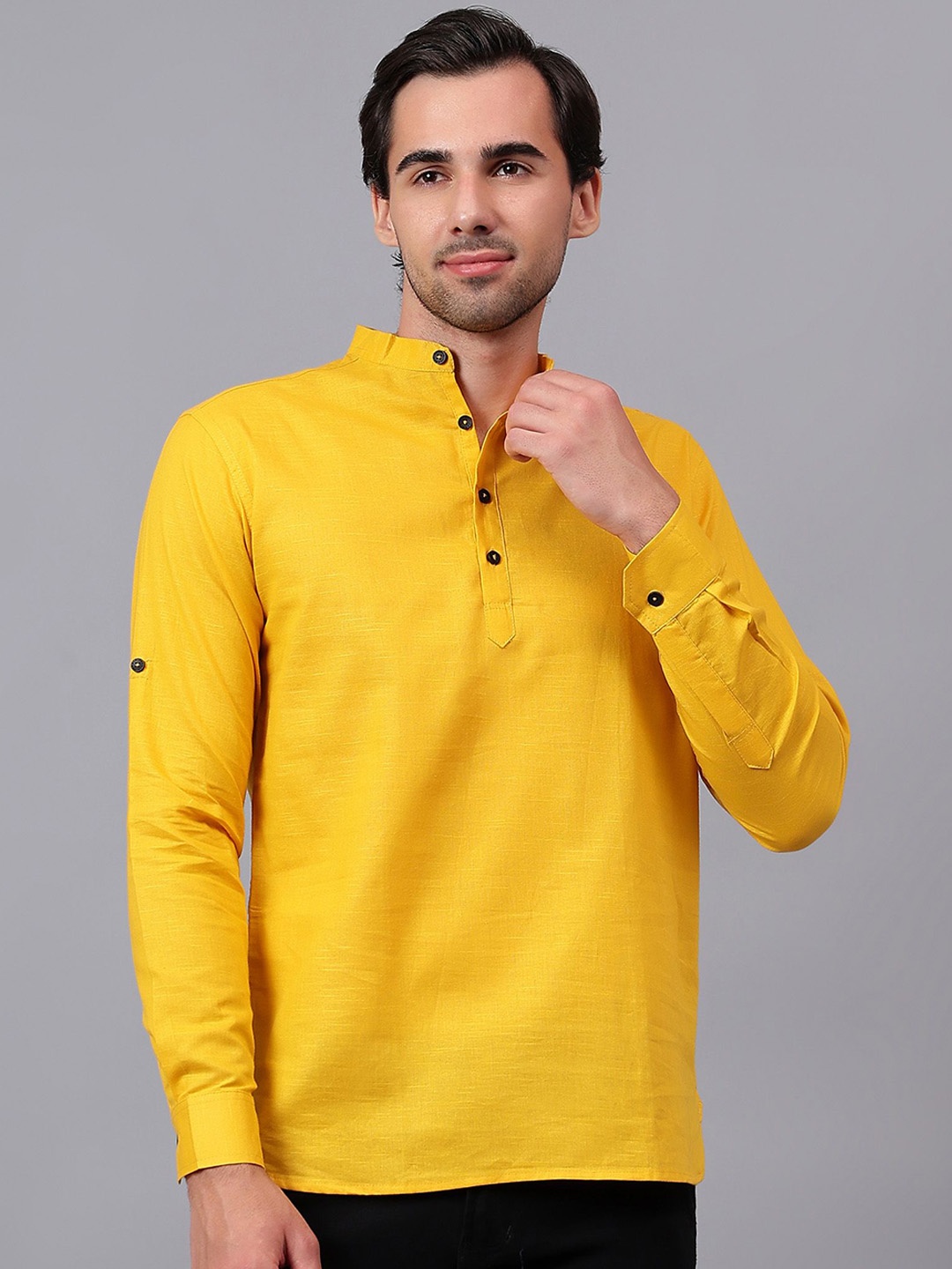 

Yugnik Mandarin Collar Roll-Up Sleeves Pure Cotton Short Kurta, Yellow