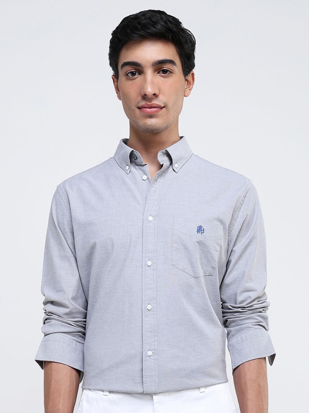 

RARE RABBIT Men Comfort Button-Down Collar Solid Cotton Formal Shirt, Grey