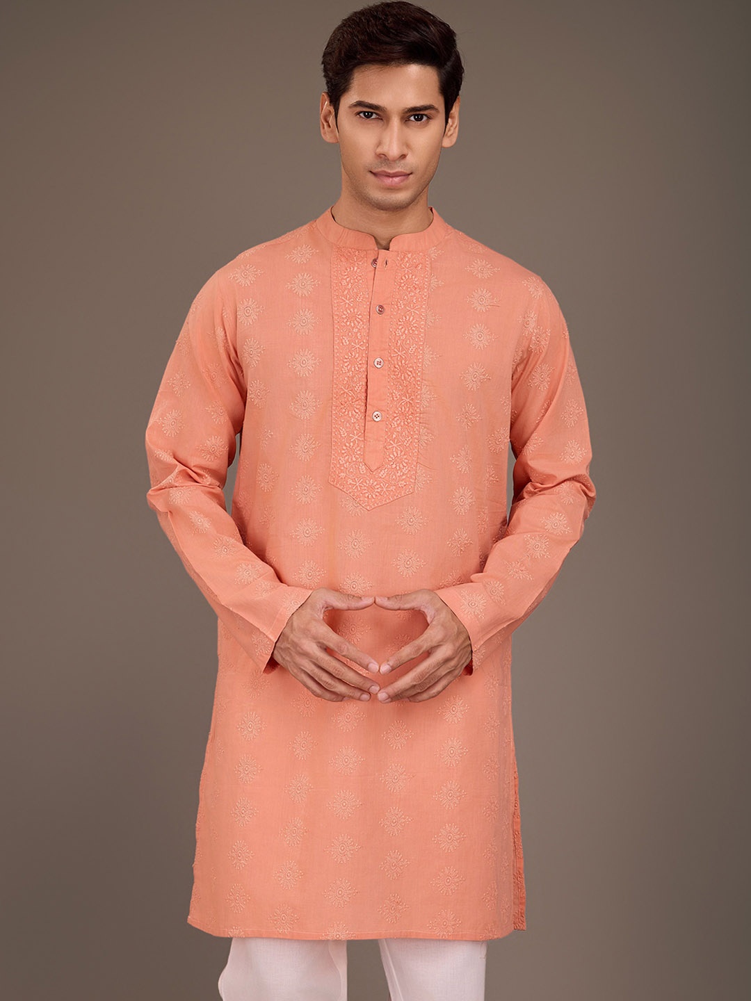 

House of Pataudi Ethnic Motifs Embroidered Chikankari Pure Cotton Kurta With Trousers, Rust