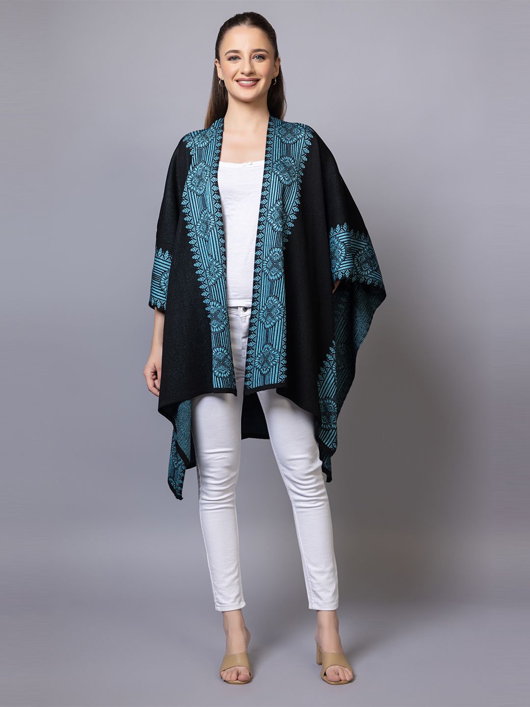 

Anouk Black Floral Printed Winter Open Front Shrug