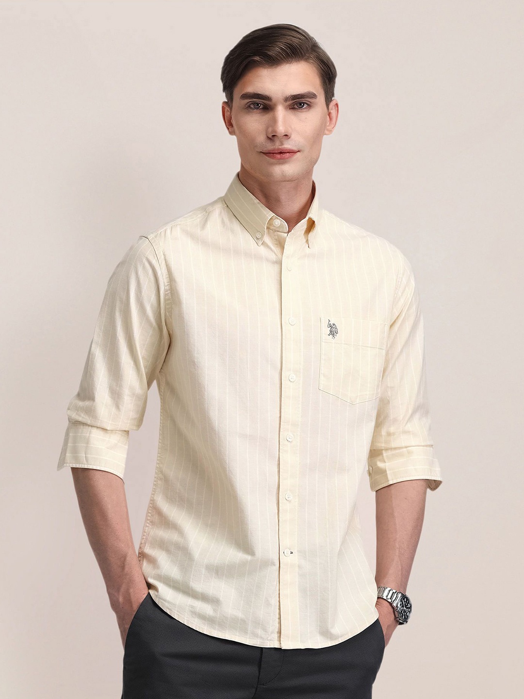 

U.S. Polo Assn. Men Classic Button-Down Collar Striped Cotton Casual Shirt, Yellow