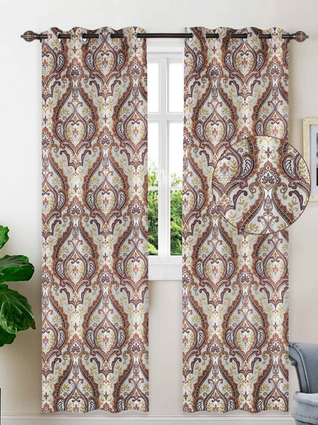 

Tesmare Off White & Brown Ethnic Motifs Velvet Room Darkening Long Door Curtain