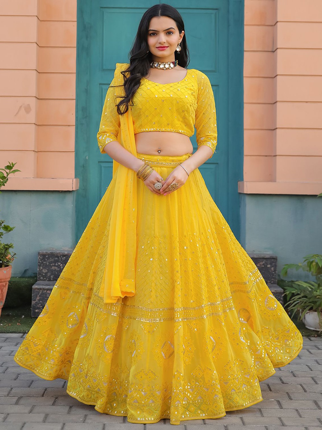 

ODETTE Embellished Sequinned Semi-Stitched Lehenga & Unstitched Blouse With Dupatta, Yellow