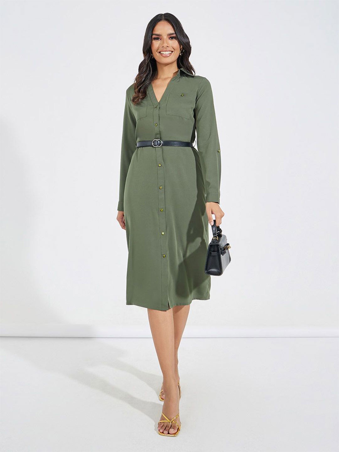 

Styli Women Shirt Style Long Sleeve A-Line Midi Dress With Belt, Olive