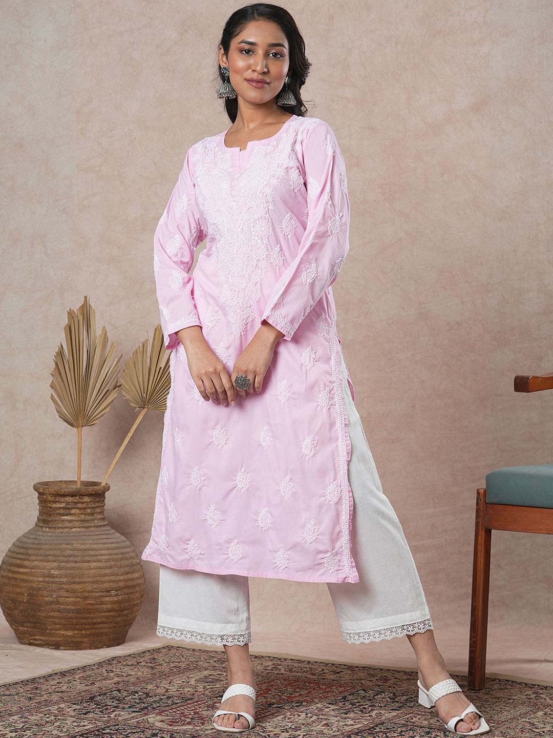 

ADA Ethnic Motifs Embroidered Chikankari Detail Long Sleeves Side Slit Regular Kurta, Pink